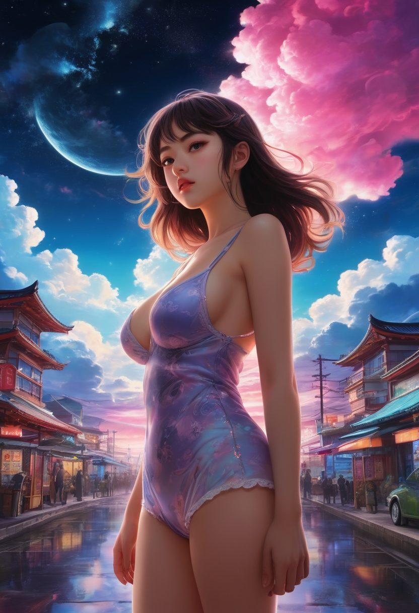 A surreal fusion of fantasy and reality, showcasing intricate scenes of adult anime and hentai art intertwined with elements of modern adult entertainment. Include characters with exaggerated features and vivid expressions, set against a backdrop of vibrant colors and fantastical landscapes. Integrate subtle hints of the adult industry, such as a stylized film reel or neon lights. Emphasize elegance and allure throughout the composition. vibrant colors. super-realistic art style.